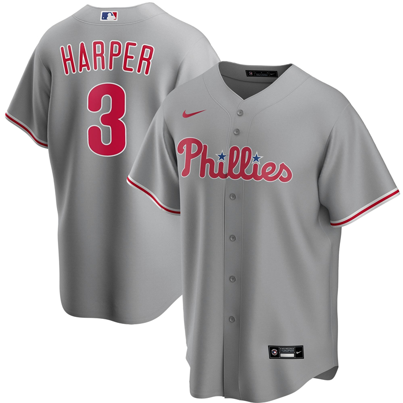 2020 MLB Men Philadelphia Phillies #3 Bryce Harper Nike Gray Road 2020 Replica Player Jersey 1->customized mlb jersey->Custom Jersey